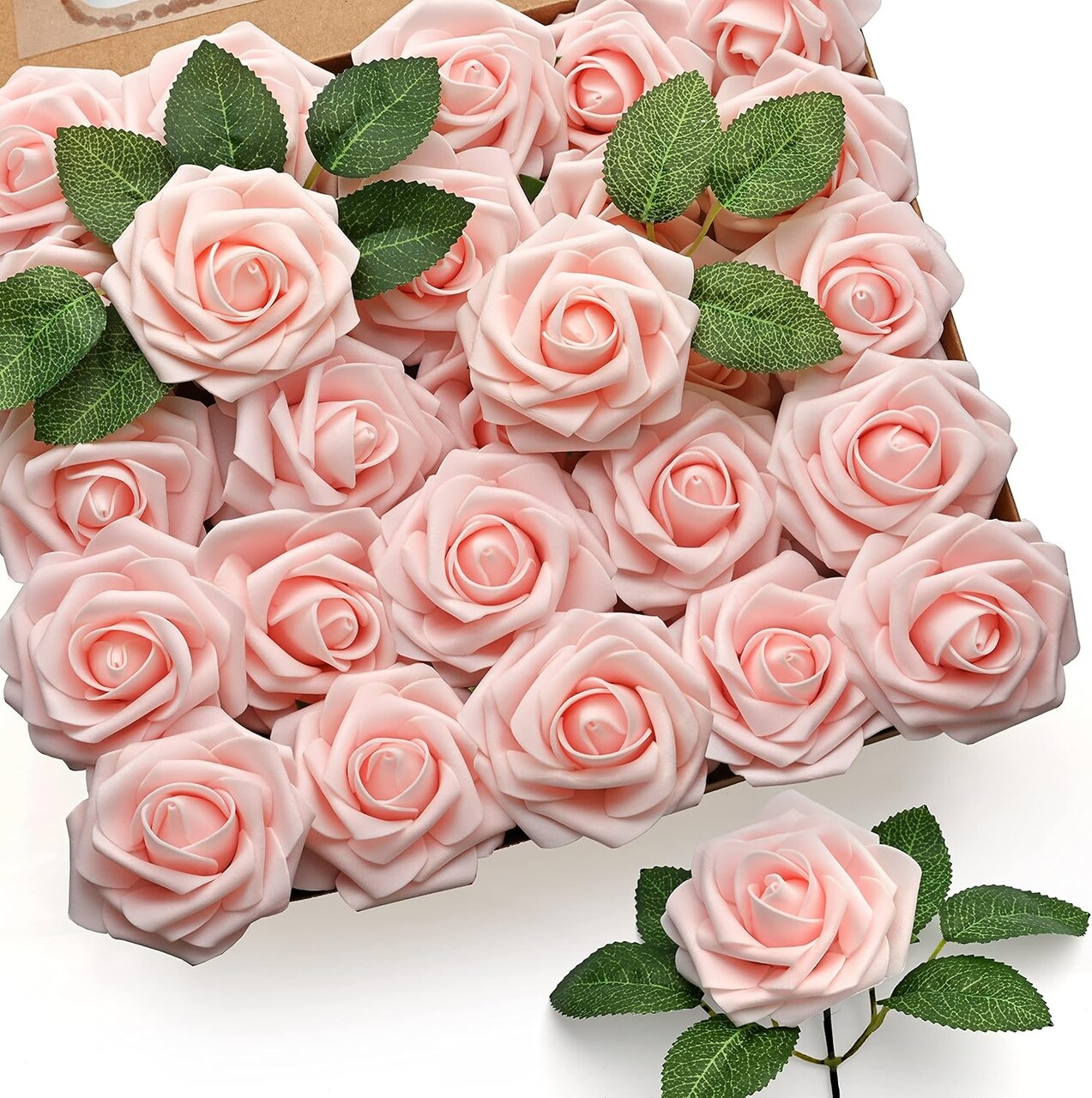50-Piece Blush Pink Artificial Roses – Foam Fake Roses with Stems for DIY Wedding Bouquets, Centerpieces, Party & Home Decor